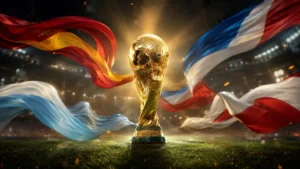 Taça da Copa do Mundo 2026 ao centro, cercada por cores das bandeiras de Espanha, França, Argentina e Inglaterra, representando os favoritos ao título