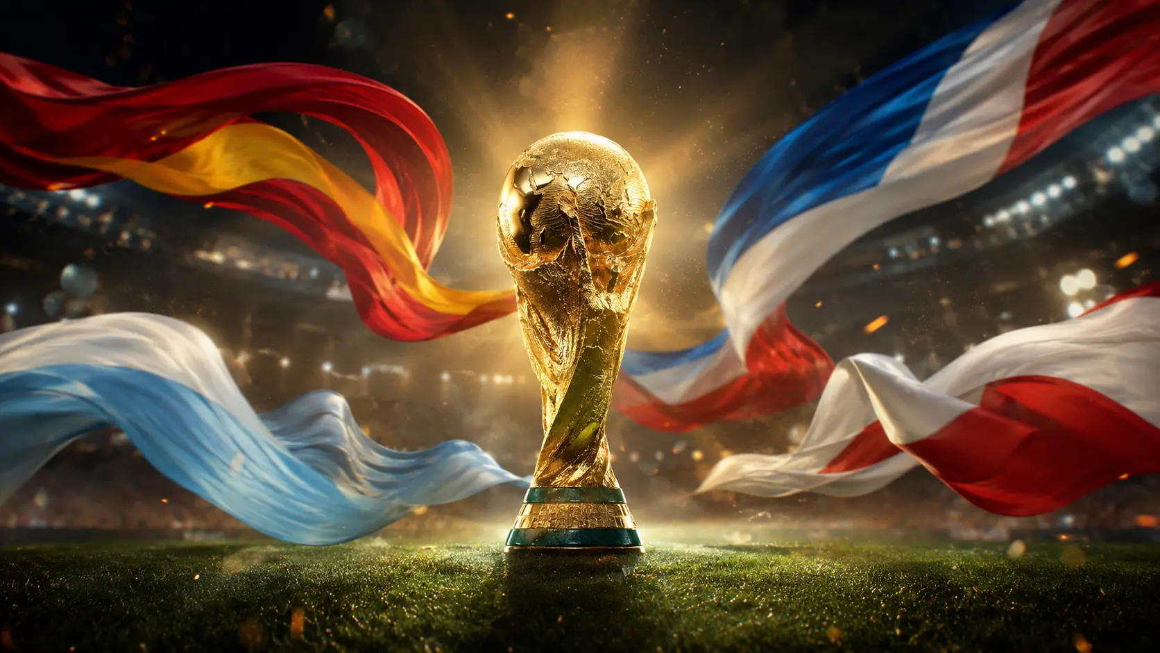 Taça da Copa do Mundo 2026 ao centro, cercada por cores das bandeiras de Espanha, França, Argentina e Inglaterra, representando os favoritos ao título